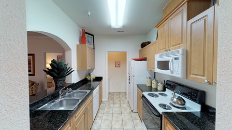 a kitchen with a stove and a sink and a microwave