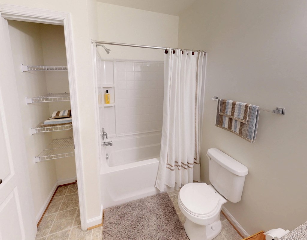 Bathroom with sink, toilet, shower and tub; linen closet