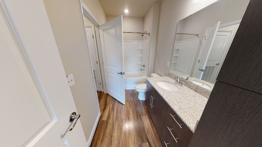 Bathroom with sink, toilet, shower and tub; walk-in closet