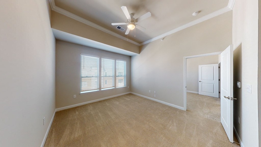 Living room with carpet; ceiling fan; open to ktichen