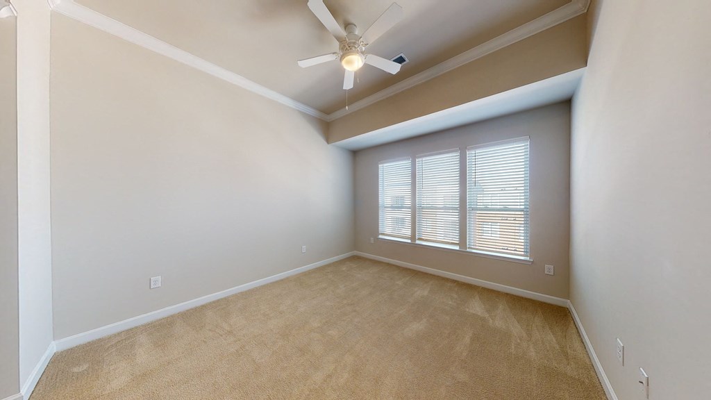 Living room with carpet; ceiling fan; open to ktichen