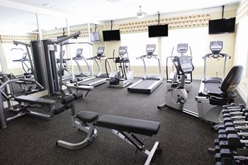 Fitness center with cardio equipment; free weights; flat screen TV