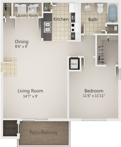 A floor plan of a home with a living room, dining room, kitchen, bath, bedroom, and storage.