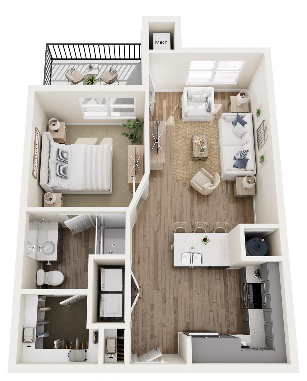 a 2 bedroom floor plan with a bathroom and a kitchen