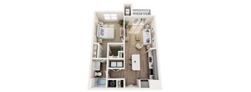 a 1 bedroom floor plan with bedroom and kitchen