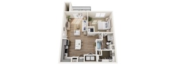 a 3d rendering of a floor plan with a bedroom and living room