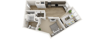 A top-down view of a two-story apartment with a living room, kitchen, and bedrooms.