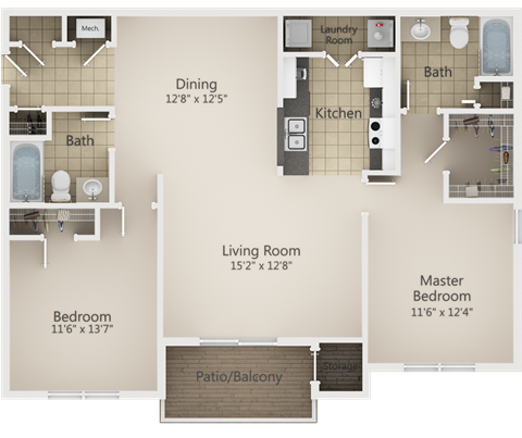 A floor plan of a house with a master bedroom, two bathrooms, a living room, a dining room, a kitchen, and a patio/balcony.