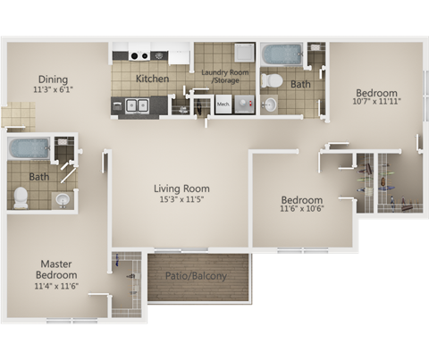 A floor plan of a house with a living room, kitchen, dining room, and four bedrooms.