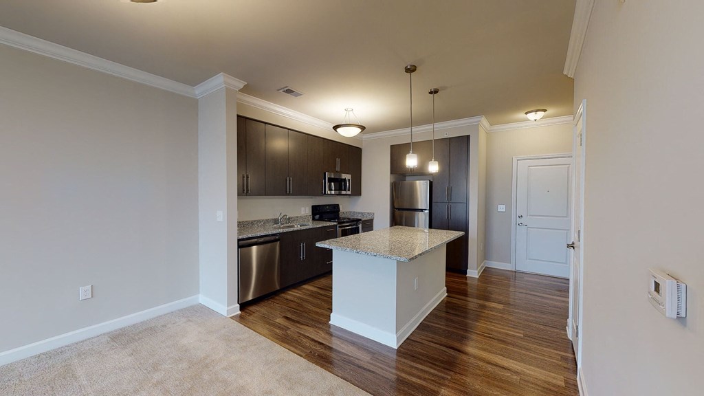 Kitchen with dark cabinets, granite countertops, vinyl wood plank floors; open to living room