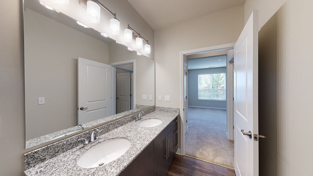 Bathroom with dual sinks, dark cabinets and vinyl floors