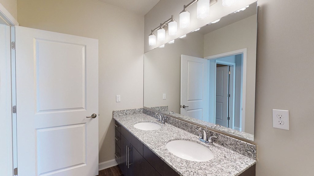 Bathroom with dual sinks and dark cabinets