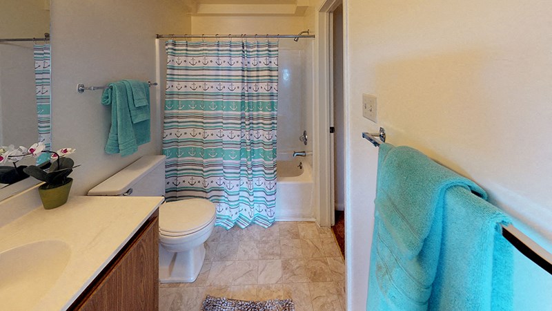 a bathroom with a shower curtain and a toilet and a sink