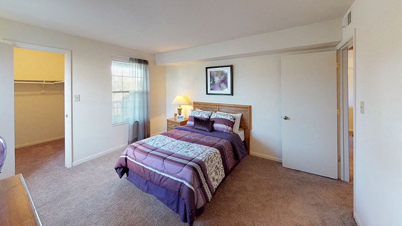 a bedroom with a bed and a closet