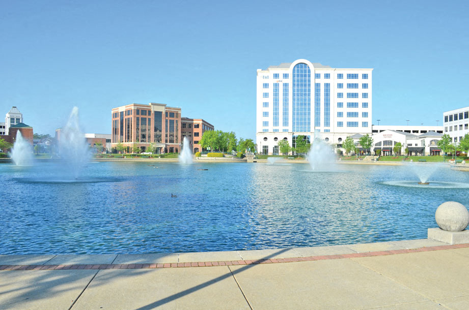 City Center fountain; office buildings