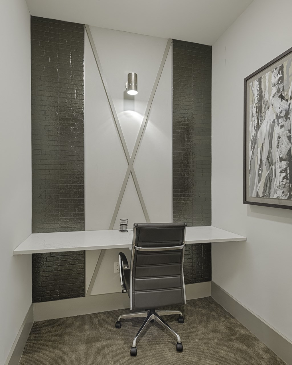 Work space in clubhouse with desk and sliding door