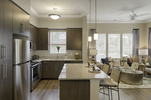 Kitchen Kitchen with dark cabinets, granite countertops, vinyl wood plank floors; island; open to living room