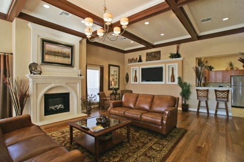 a living room with leather furniture and a fireplace