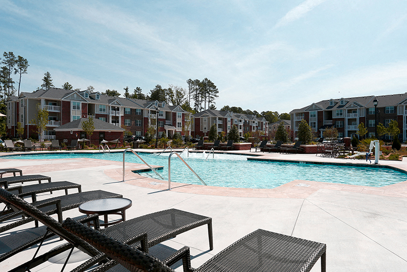 Pool with chairs and umbrellas