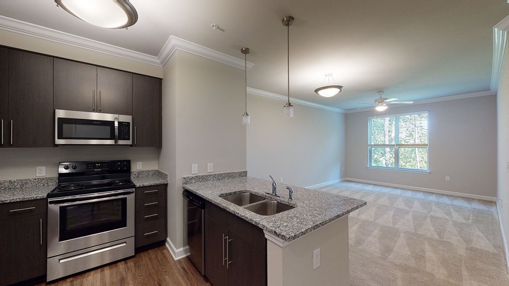 Kitchen with dark cabinets, granite countertops, vinyl wood plank floors; open to living room