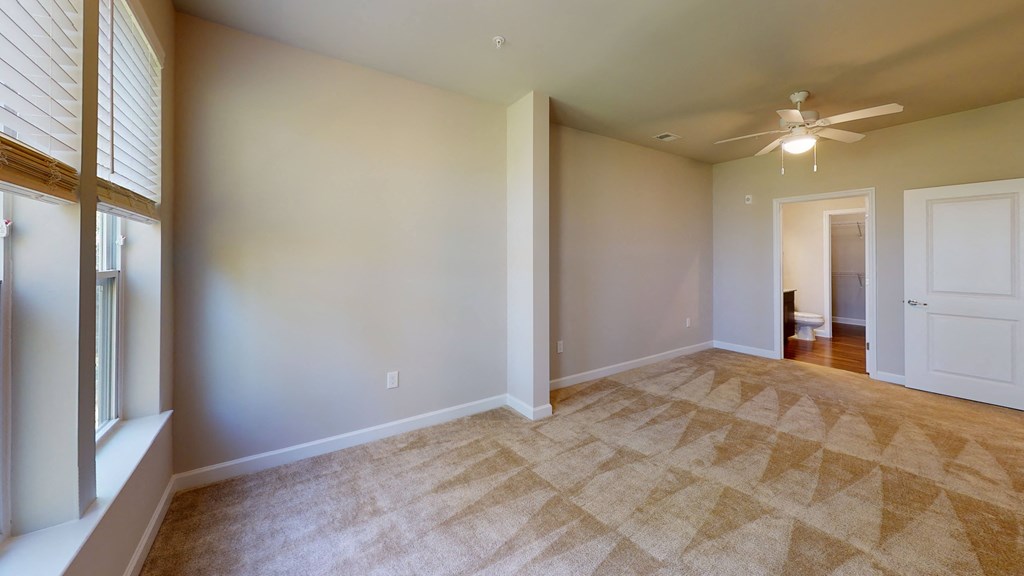 Bedroom with sunroom; carpet; ceiling fan, door to bathroom and closet