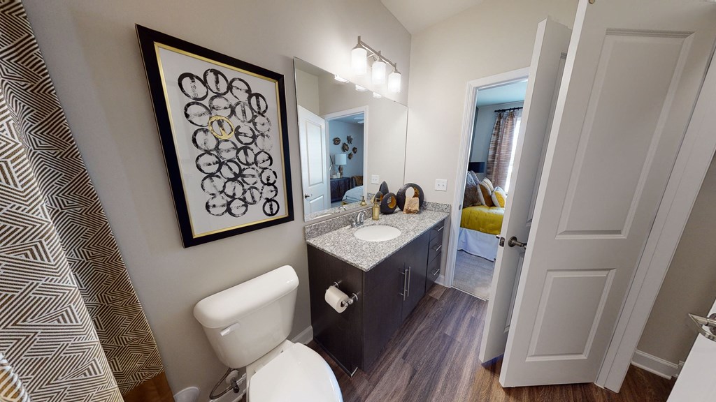 Bathroom with sink, toilet, and tub; vinyl plank floors