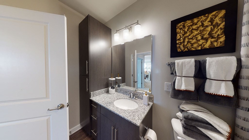 Bathroom with dark cabinets, sink and linen closet