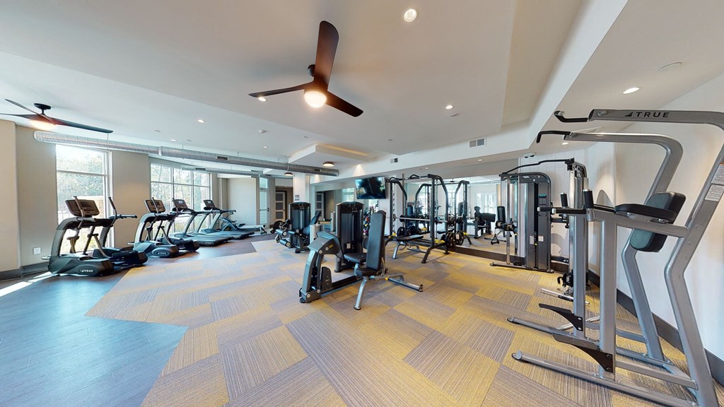 Fitness center with cardio equipment; free weights; yoga area