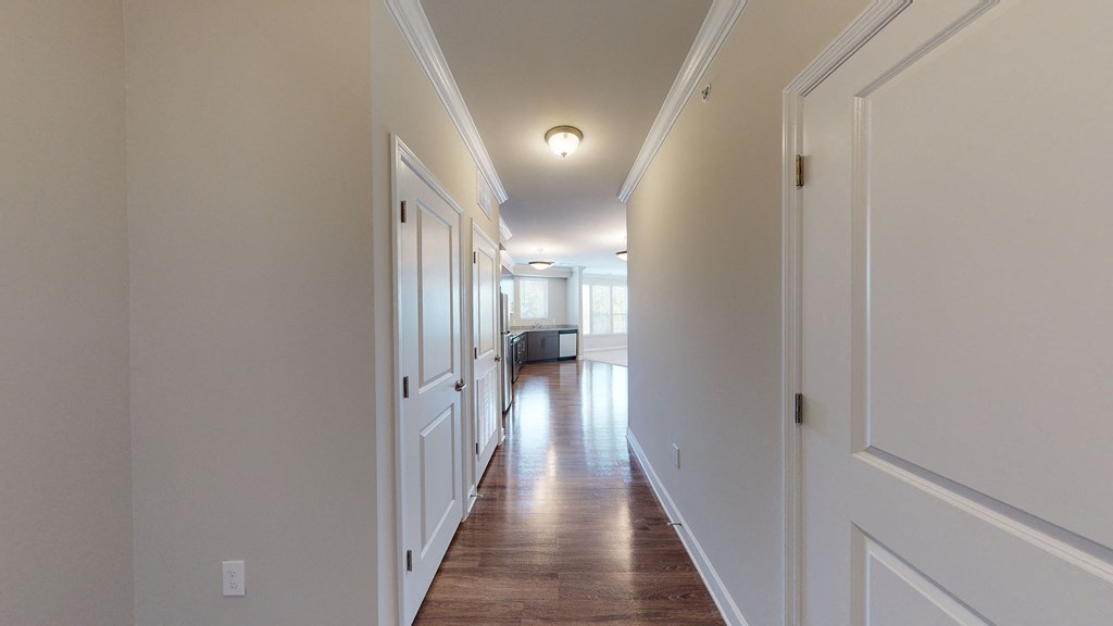 Hallway leading to kitchen and living area; vinyl plank floors
