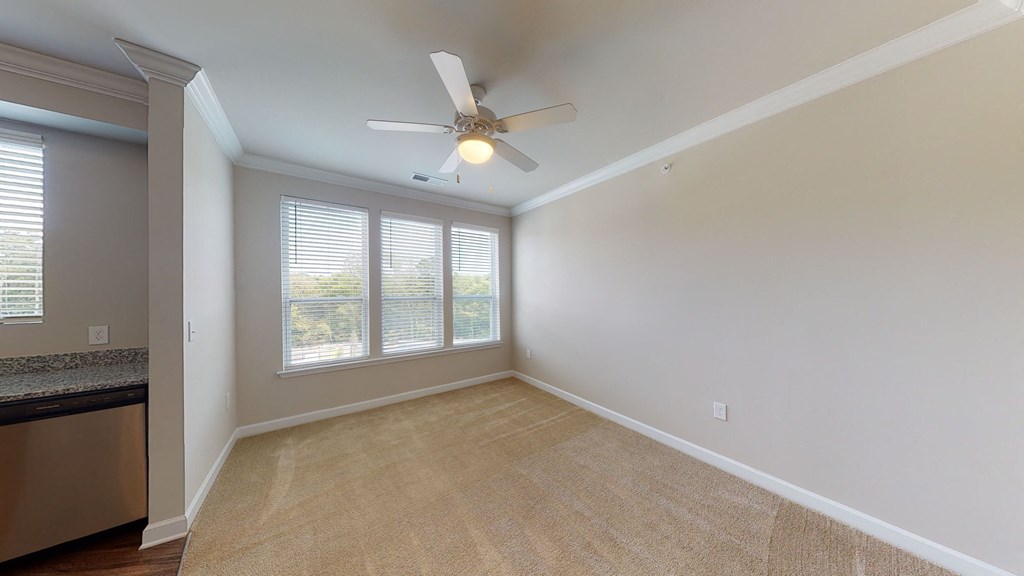 Living room with windows, ceiling fan, carpet