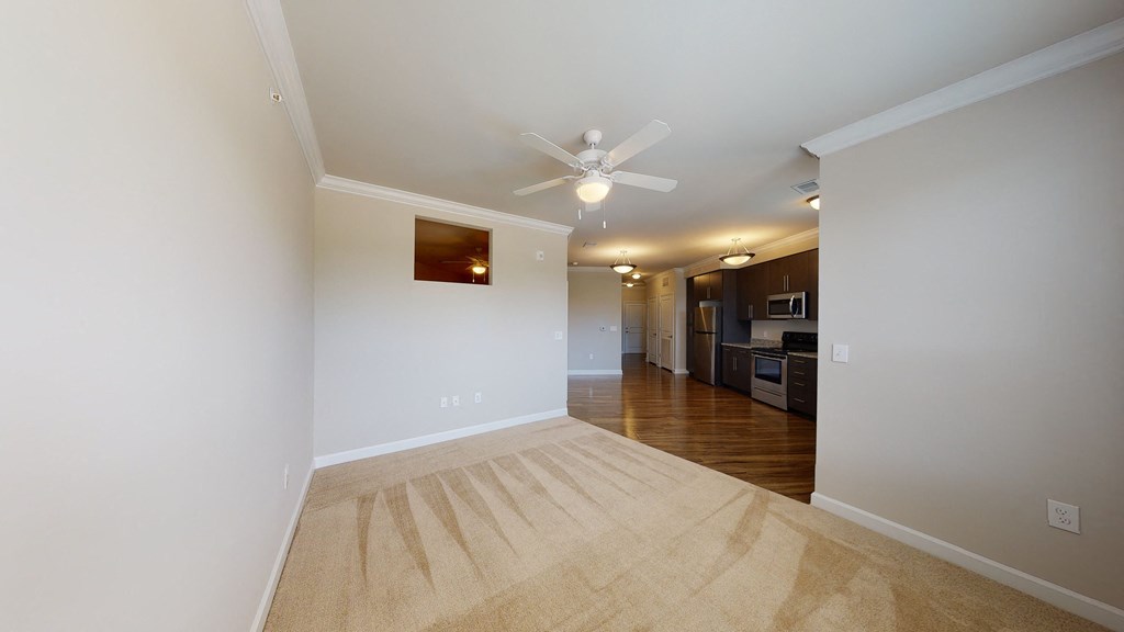 Living room with carpet; ceiling fan; open to ktichen