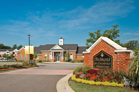 Belmont at Greenbrier community entrance with sign; clubhouse