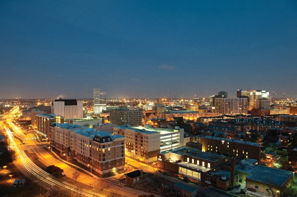 Belmont at Freemason apartments in downtown Norfolk; nighttime view overlooking the city lights