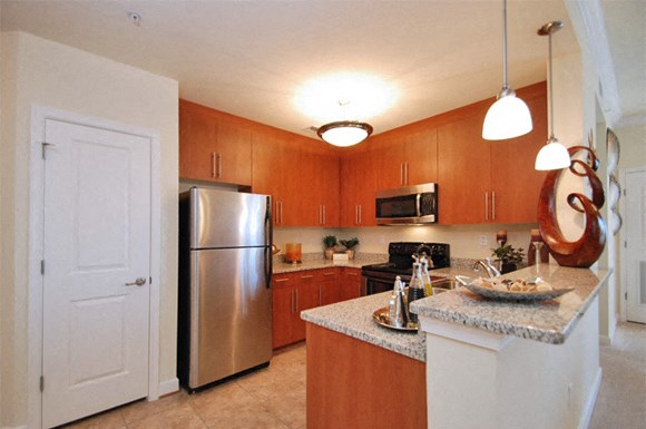 Kitchen with granite countertops; stainless steel appliances; open to living area