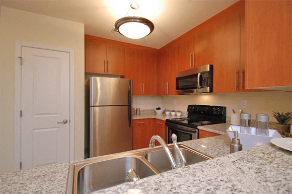 Kitchen with stainless steel appliances; granite countertops; open to living space