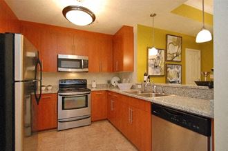 Contemporary Kitchen with Granite Countertops Kitchen with stainless steel appliances; granite countertops; open to living room