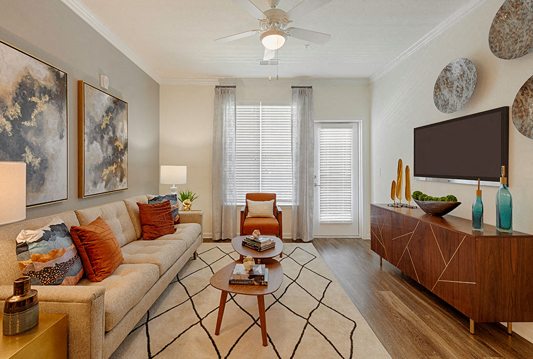 a living room with a couch and a television