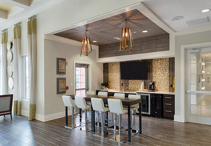 Clubhouse with bar area; flat screen TV; tables and chairs