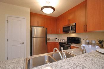 Kitchen with granite countertops; stainless steel appliances