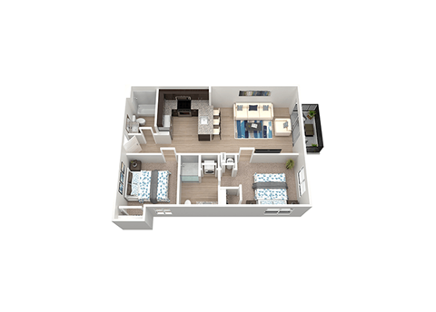 3d floorplan of a 2 bedroom 2 bathroom unit