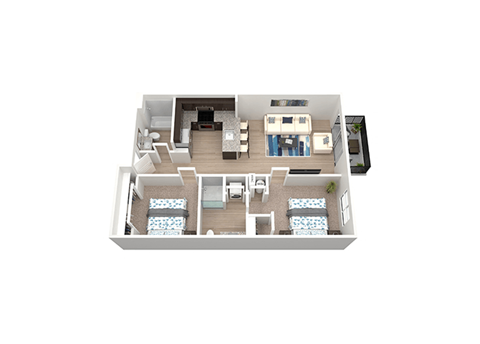 3d floorplan of a 2 bedroom 2 bathroom unit