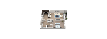 3d floorplan of a 1 bedroom, 1 bathroom unit