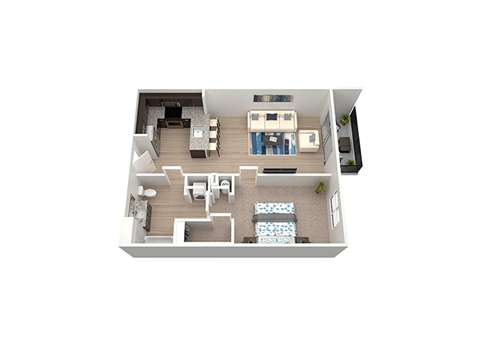 3d floorplan of a 1 bedroom, 1 bathroom unit