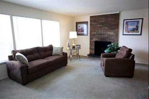 a living room with a couch and a chair and a fireplace