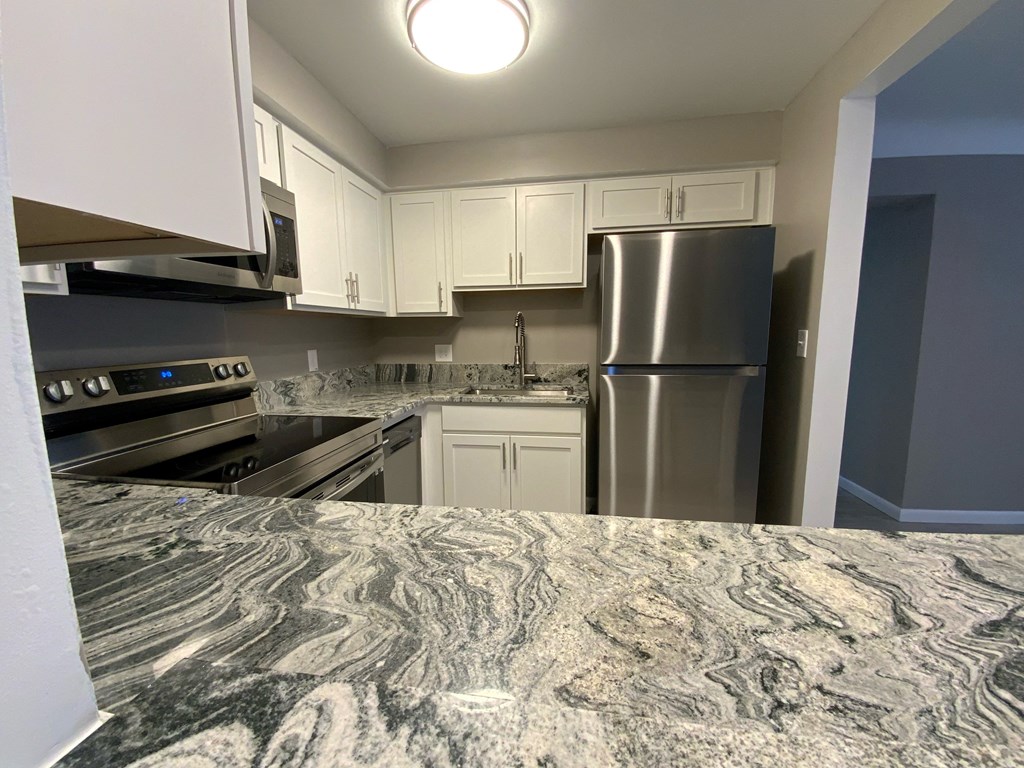 a kitchen with stainless steel appliances and a granite counter top