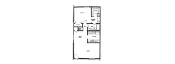 A floor plan of a small apartment with a bedroom, dressing room, kitchen, dining room, and living room.