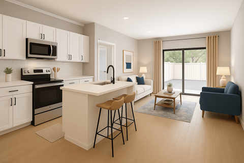 A modern kitchen with white cabinets and a large island.