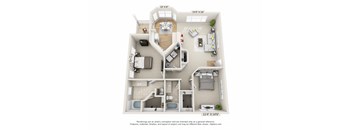 This is a 3D floor plan of a 1255 square foot 2 bedroom Lighthouse at Nantucket Apartments in Loveland, OH.