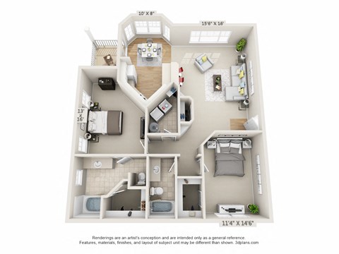 This is a 3D floor plan of a 1255 square foot 2 bedroom Lighthouse at Nantucket Apartments in Loveland, OH.