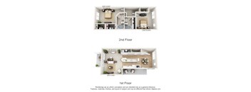 This is a 3D floor plan of a 1389 square foot 2 bedroom Yachtsman townhome at Nantucket Apartments in Loveland, OH.